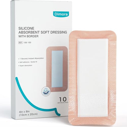 Dimora Silicone Ultra Absorbent Dressing Pads - Adhesive Wound Bandage with Gentle Border, Waterproof Soft Gauze for Post Surgical and Bed Sore Exudate Management 4"X 8" 10 Count - size: 4"x 8" - 10 pcs