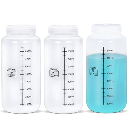 34oz/1000ml Wide Mouth Plastic Bottles with Airtight Lids, Graduated Food Grade Leak Proof PP Containers Jars for Water Sample Lab Reagent Liquid Medicine Storage (Transparent, 3 Pcs) - color: Transparent, size: 34oz(1000ml)