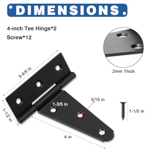 4 Inch T-Strap Gate Hinges, Heavy Duty Black Barn Door Hinges, 2 Pack - size: 4 Inch