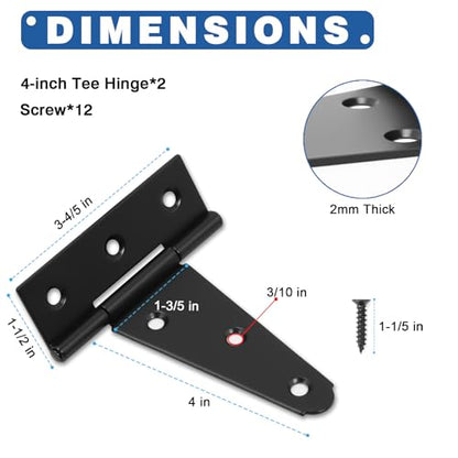 4 Inch T-Strap Gate Hinges, Heavy Duty Black Barn Door Hinges, 2 Pack - size: 4 Inch