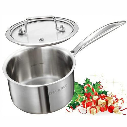 DELARLO Full-body Clad Tri-ply Stainless Steel 2 Quart Saucepan with Lid - color: Silver, size: 2 Quarts