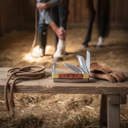 Rite Edge Horse Hoof Care Multitool – Folding Hoof Pick & Equestrian Grooming Tool for Horses and Livestock, Stainless Steel Hoof Cleaning Tool, Wood Handle, Nylon Sheath, Farrier Hoof Care Tool