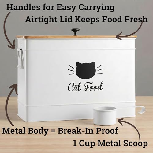 Metal Cat Food Container with Scoop, 15lb (50 Cup) w/ Airtight Bamboo Lid - color: White