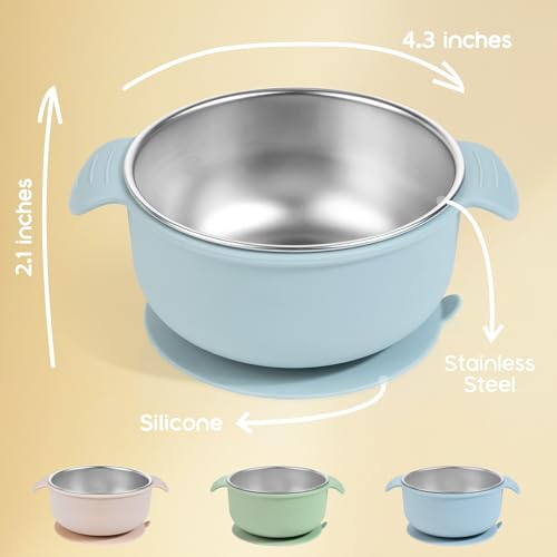 Bella's Friends Life Baby Bowls with Suction Stainless Steel and Silicone, 4.3” for Toddlers Kids Feeding, Non-Slip, Non-Toxic, Mess-Free, Dishwasher Safe, Fit High Chair Size, 3 Pack - color: blue, green, beige