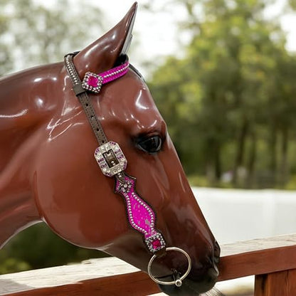 Western One Ear Leather Headstall and Breast Collar Tack Set with Rhinestones, Pink Silver Metallic Acid Wash Cowhide Look, Full Average Size Horse