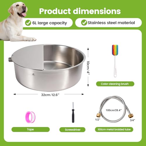 Automatic Dog Water Bowl Dispenser Large Breed Outdoor Pet Water Fountain with Float Valve 6.5L Heavy-Duty Stainless Steel Auto Waterer for Large Dogs Cats Puppy Chicken (1 Drinking Port) - size: 1 drinking port