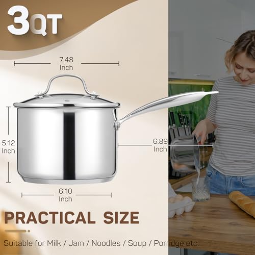 Ciwete 3 Qt Stainless Steel Saucepan with Glass Strainer Lid, 3 Quart Pot Stainless Steel Sauce Pan with Pour Spout, Mirror Polishing, Compatible with All Cooktops Dishwasher Safe Oven Safe - size: 3 Quart (With Glass Strainer Lid)