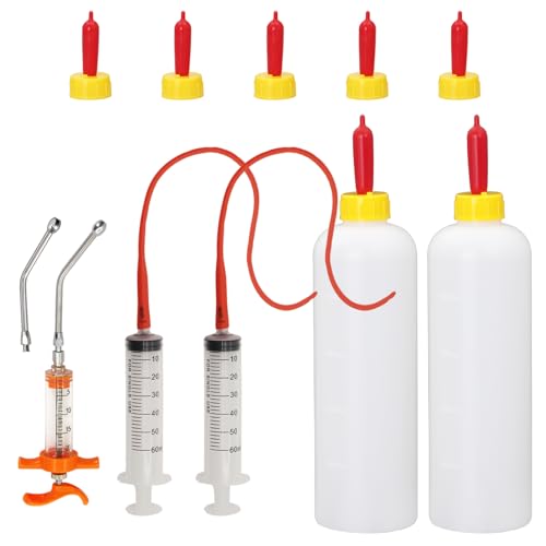 14PCS Lamb and Goat Kid Feeding Tube Kit Included 2 500ml Lamb Feeding Bottles 5 Milk Nipples 2 60ml Syringe with 2 16fr Red Feeding Tube Kit,1 20ML Reusable Goat Syringe with 2 Drench Nozzle (14)