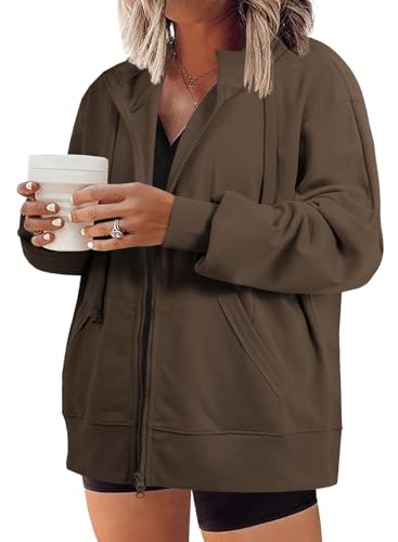 Eytino Women Plus Size Zip Up Hoodie Long Sleeve Oversized Sweatshirts - color: Brown, size: 3X