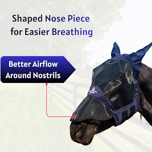 Horse Fly Mask with Ears and Extended Nose, Large Eye Space for Comfort, UV Protective Mesh Horse Mask with Shaped Nose and Upgraded Hook and Loop Fastener (Dark Navy Blue, Cob (Medium)) - size: Cob (Medium)