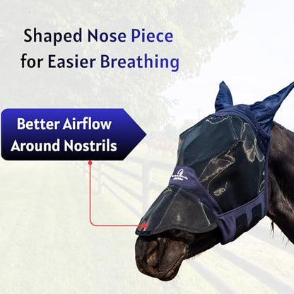 Horse Fly Mask with Ears and Extended Nose, Large Eye Space for Comfort, UV Protective Mesh Horse Mask with Shaped Nose and Upgraded Hook and Loop Fastener (Dark Navy Blue, Cob (Medium)) - size: Cob (Medium)