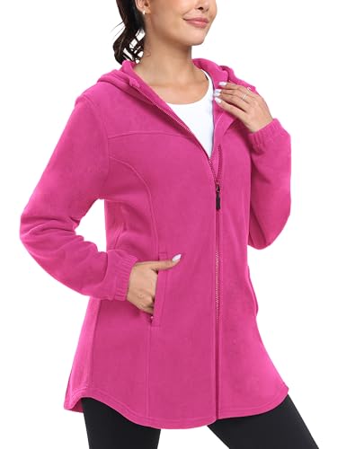 MoFiz Womens Long Soft Polar Fleece Jacket Full Zip with Hood - color: Jacket-rose Red, size: Small