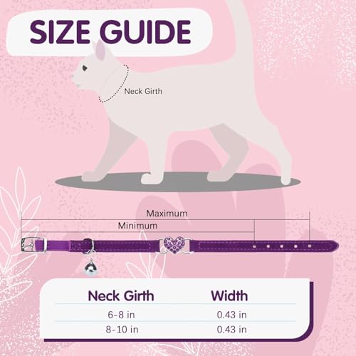 BINGPET Diamond Cat Collar with Bell, Adjustable Kitten Collar, Purple - color: Purple(Heart), size: Neck Girth 8"-10"