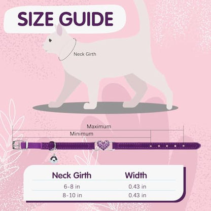 BINGPET Diamond Cat Collar with Bell, Adjustable Kitten Collar, Purple - color: Purple(Heart), size: Neck Girth 8"-10"