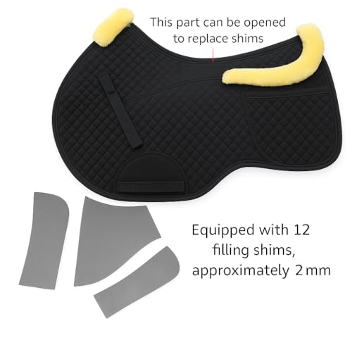 Universal English Saddle Pad with Adjustable Shims, Faux Shearling Trim, Plush Faux Wool, 3D Cooling & Non-Slip Tech. Ideal for Dressage, Jumping & Training. Machine Washable - color: Black