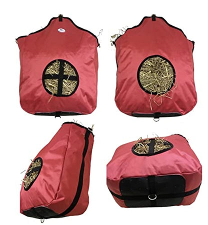 Majestic Ally Nylon Hay Feeder Tote Bag for Horse, Goat, Sheep - Double Sides Open Feed Hole with Faux Leather Ventilated Bottom- Premium Quality (Red) - color: Red