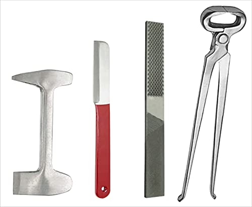 4 Pcs Farrier Horse Hoof Kit – Includes Hoof Nipper, Hoof Rasp File, Hoof Scraper & Hoof Buffer – Professional Farrier Tool Set for Trimming, Shaping & Grooming Horse Hooves
