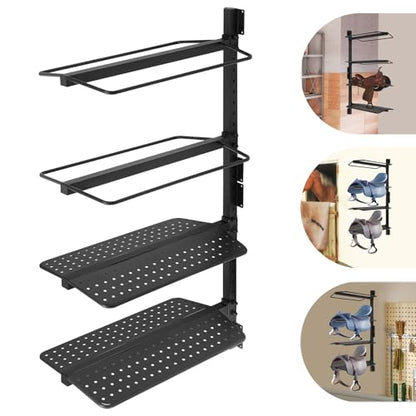 Saddle Rack 4 Tier Wall Mounted, Heavy Duty Saddle Storage Rack for Tack Room Barn Stable, Metal Horse Saddle Holder with Bridle Hooks, Western English Saddle Stand Organizer