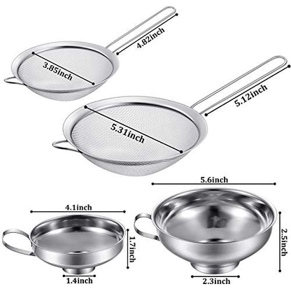 Boao 4 Pcs Stainless Steel Canning Funnels with Fine Mesh Strainer,Silver | 2 Size Kitchen Funnels for Narrow Wide Mason Jars Food Grade 1.4/2.3 Inch Funnel for Kitchen Use Spices Juices Powder