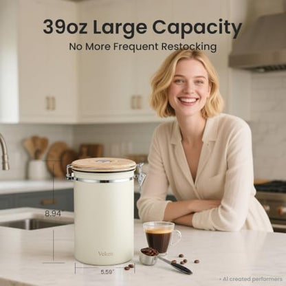 Veken Coffee Canister,39OZ, 2.2lbs,Large Airtight Stainless Steel Container - color: Cream, size: 39 oz