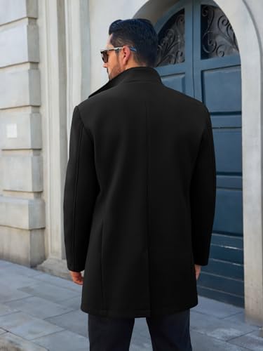 Runcati Mens Pea Coat Single Breasted Mid Long Trench Coat Overcoat | Slim Fit, Stand Collar, Fall Winter, Jacket, Pocket, Warm, Casual, Dress, Business, Christmas Gift - color: Black, size: Medium