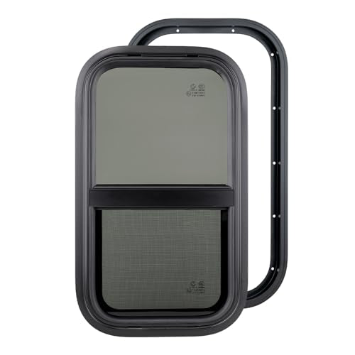 Dulepax Vertical RV Window, 15" W x 22" H Tinted Slide Trailer Window, Tempered Glass Camper Window Replacement with Net Screen and Trim Ring, DOT Approved - size: Vertical 15"x22"