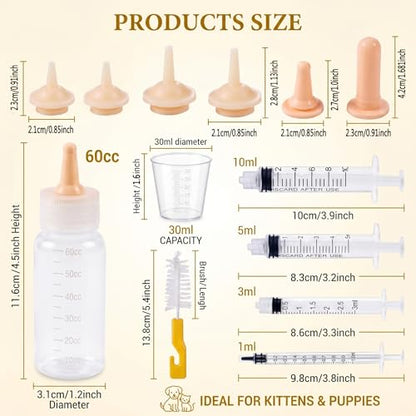 SYNLIN Newborn Pet Feeding Kit, 60cc Nursing Bottle + Multiple Oral Feeders + 10 Silicone Nipples + Cleaning Brush, Milk Feeding Tool Set for Puppy Kitten Hamster Rabbit Small Pets