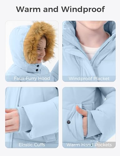 wantdo Girls' Waterproof Winter Coat Long Puffer Jacket Warm Parka Hooded - color: Blue, size: 6-7