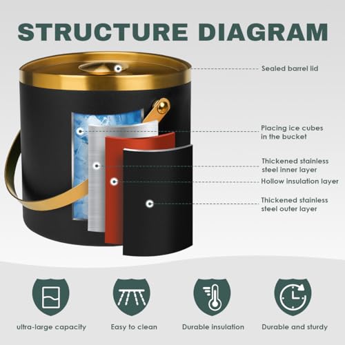 3L Insulated Stainless Steel Ice Bucket for parties with lid & scoop - color: Black