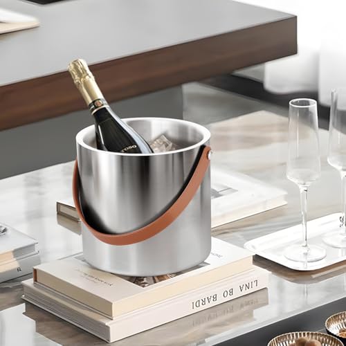 Bakpoco Double-Wall Vacuum Insulated Ice Bucket with Lid, Scoop, Ice Tong, Strainer & Leather Handle Keep Ice Frozen Longer Large Wine Ice Buckets for Cocktail Bar,Parties Chilling Beer Champagne 3L - color: Silver Classic – Tan Handle, size: 3 liters