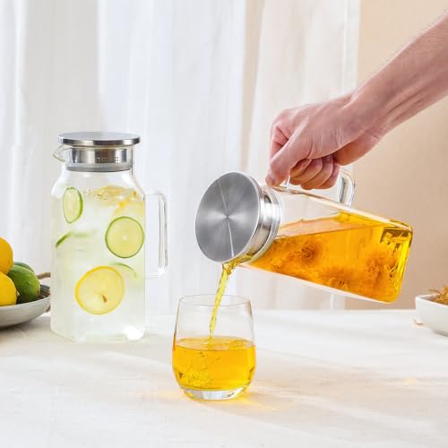 Netany 2 Pack 1.2 Liters/40 oz Small Square Glass Pitcher with Lid and Handle for Fridge, Iced Tea and Coffee Carafe Storage Container, Resistant to Hot and Cold Borosilicate Jug - size: 40 oz Clear