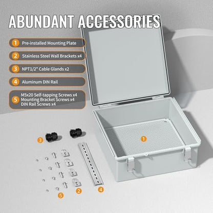 Joinfworld Outdoor Waterproof Electrical Box 13x13x5 | IP67 water&UV proof box, 304 stainless latch, durable plastic, plate&rail, wall/freestand for marine, solar, Starlink & more - size: 13“x13"x5.1"