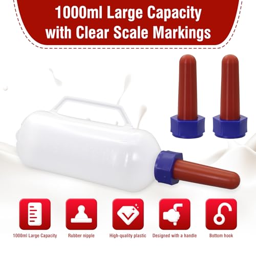1L Calf Milk Feeder Bottle with 2 Replacement Nipples Handle Hanging Bottle