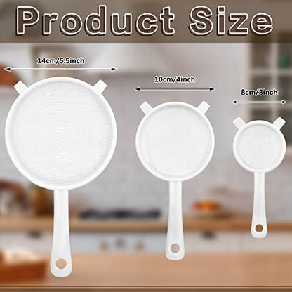 Skyley 3 Pcs Plastic Nylon Mesh Kefir Fine Strainer Set, 3 In, 4 In, 5.5 In | Plastic Flour Colander with Handle Nylon Kefir Food Strainers Flour Sifter for Baking Kitchen Tea Juice Pasta - size: 3 Inch, 4 Inch, 5.5 Inch