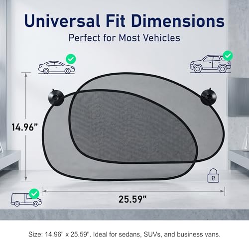 2 PCS Car Window Sun Shades, Suction Cup Side Window Sunshade, Rays Glare Mesh Sun Visor Blocker, Universal Driver Passenger Rear Side Interior Accessory (Black)