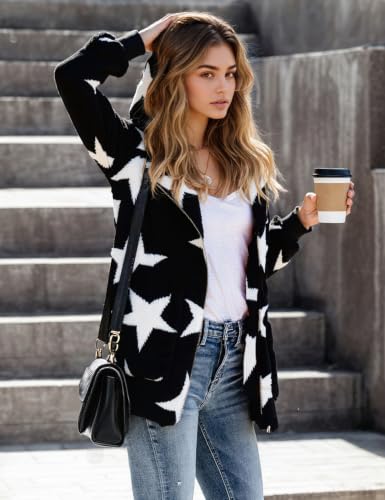 Zilcremo Women Hooded Cardigan Open Front Fuzzy Jacket - color: Blackstar, size: Medium
