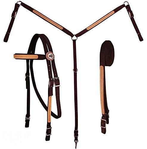 Tahoe Tack Basket Weave Leather Overlay Nylon Headstall, Breast Collar, and Reins Set