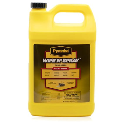 PYRANHA Wipe N' Spray for Horses - Oil-Based Long Lasting Fly Control Repels Horn, Deer, Horse, House, Stable, & Face Flies, Ticks, Mites, Mosquitoes, Gnats & Lice, 1 Gallon - size: 1 Gallon