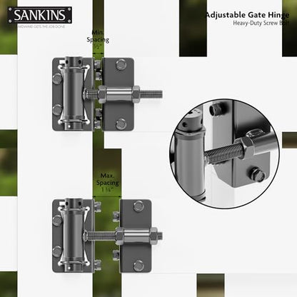 Heavy-Duty Self-Closing Gate Hinges, 90-Degree Adjustable Heavy-Duty Gate Hinges for Metal/PVC/Vinyl/Wood Fences, Narrow Fence Gate Hardware Door Hinges with Adjustable Tension, 2-Pack