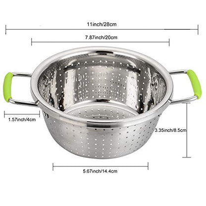 Stainless Steel Deep Colander Micro-perforated 2.5 Quart Metal Food Strainer with Green Silicone Handles for Draining Pasta Cleaning Food like Fruit - color: Green Double Handle 2.5 Quart