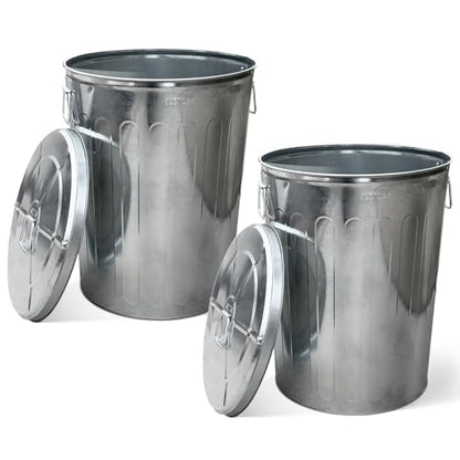 Plexon 20 Gallon Metal Trash Can with Lid Outdoor Large Trash Bin Galvanized Steel Garbage Can for Farm Garage Patio Ash Bucket Bird Seed Storage Can Heavy Duty Round Container, 2 Pack