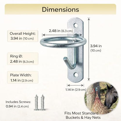 Horse Stall Bucket Hooks, Heavy Duty Metal Ring Bucket Hangers with J-Hook, Wall Mounted Water Feed Bucket Holder for Barn, Stable & Fence, Includes Screws, 2-Pack