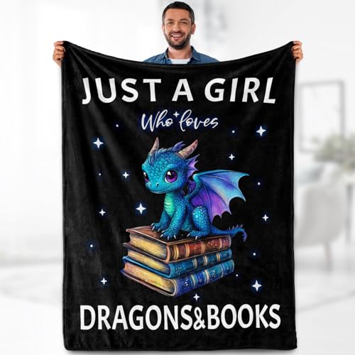 Dragon Book Blanket Gifts for Girl - Just A Girl Who Loves Books Themed Animal Lovers for Woman Kids Adults Soft Fleece Cozy Bed Couch Decor Birthday Christmas Lightweight Blanket 60"x80" - color: Dragon 2, size: 60"x80"