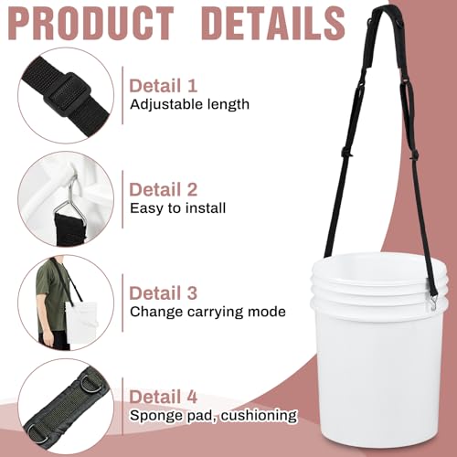 2 Pcs 5 Gallon Bucket Shoulder Carrying Straps, Adjustable Sling Bucket Holders, Multifunctional 5 Gallon Pail Accessories, Length Extension Replacement for Wire Handle