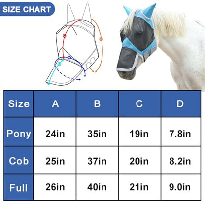 Horse Fly Mask with Ears & Long Nose, Fine Mesh Pale Blue Full - color: Pale Blue, size: Full