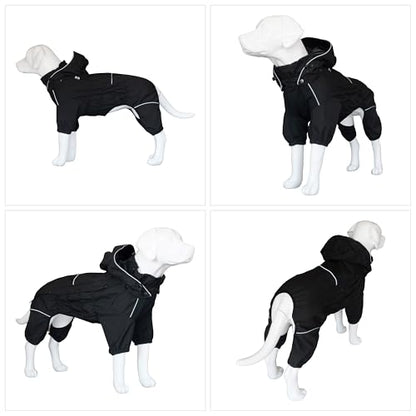 LOVELONGLONG Fleece-Lined Dog Raincoat with Removable Hood – Waterproof Winter Full Body Dog Jacket – Windproof Snowproof Cold-Weather Suit – Black-F L - color: Black-Fleeced, size: L (Back 16.5")