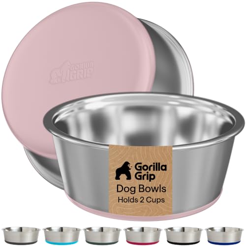 GORILLA GRIP Dog Bowls, Food Grade Stainless Steel, Set of 2, 2 Cup, Pink | 304 Stainless Steel Pet Feeding Bowls Hold 16 fl oz Each, Dishwasher Safe, Rust Resistant, BPA Free Rubber Base - color: Light Pink, size: 2 Cup (16 Oz)
