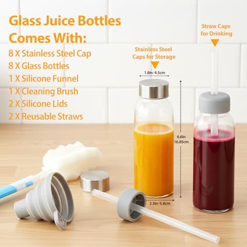 Sursip 10 oz Glass Juice Bottles, 8 Pack, Leakproof Stainless Lids - color: Silver lid- 8 pack, size: 10 OZ