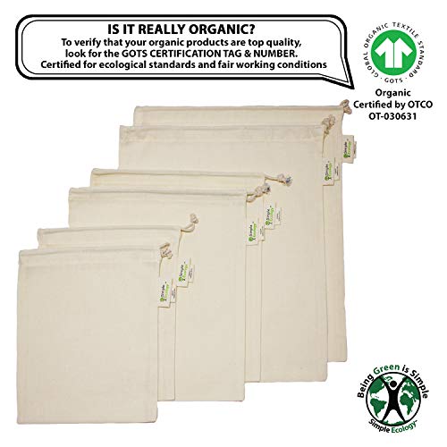 Simple Ecology Reusable Grocery Produce Shopping and Storage Bags, Organic Cotton Muslin, Set of 6 (2 ea. of L, M, S) - size: Set of 6 (2 ea. of L,M,S)