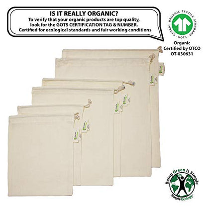 Simple Ecology Reusable Grocery Produce Shopping and Storage Bags, Organic Cotton Muslin, Set of 6 (2 ea. of L, M, S) - size: Set of 6 (2 ea. of L,M,S)